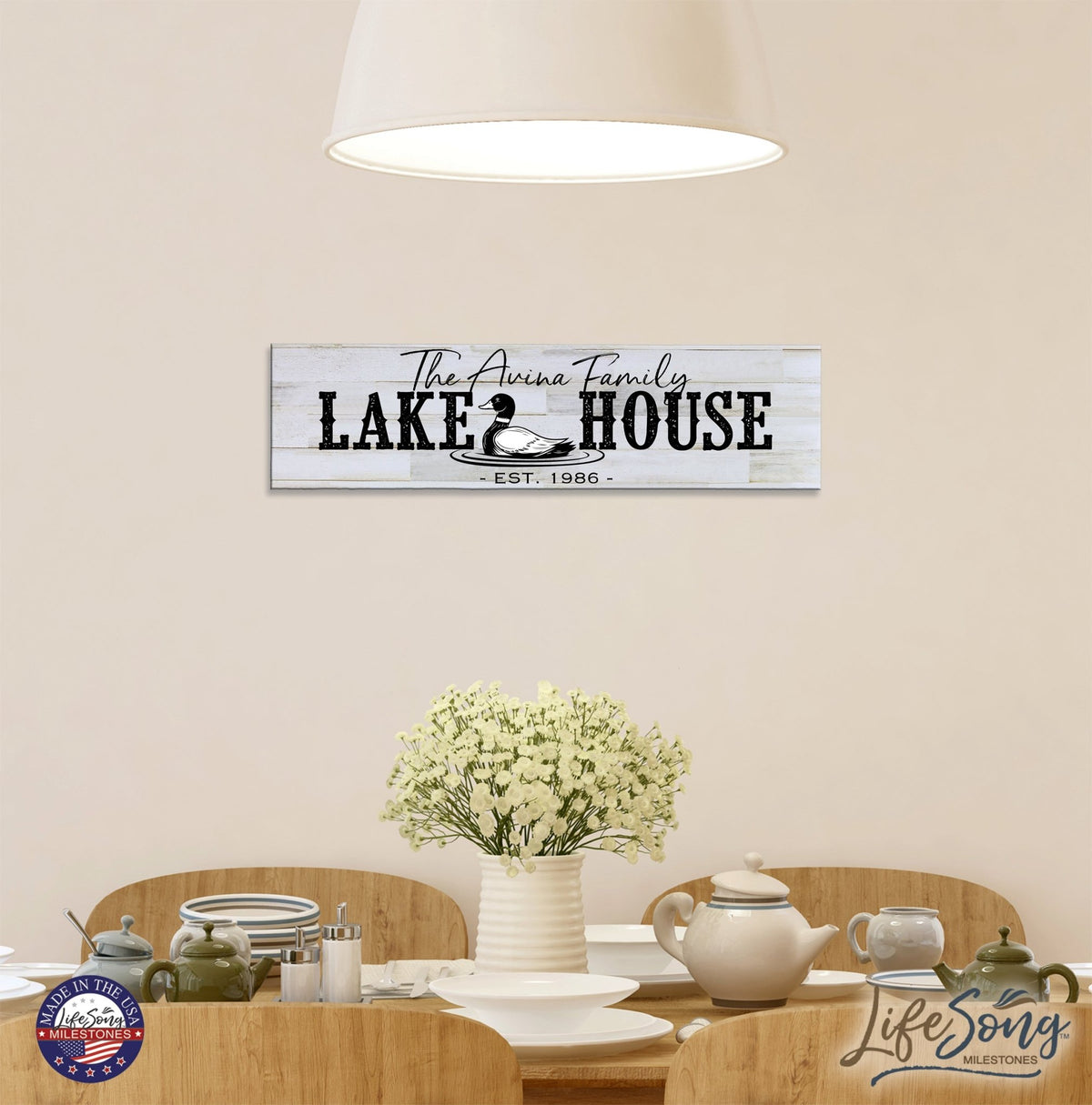 Personalized Inspirational Modern Family Beach House Wooden Wall Plaque 10x40 – Lake House (Goose) - LifeSong Milestones