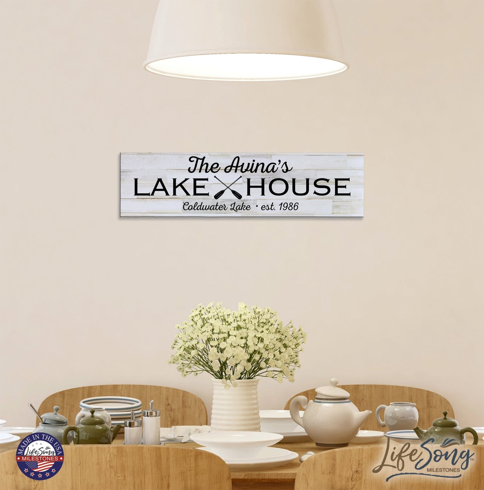 Personalized Inspirational Modern Family Beach House Wooden Wall Plaque 10x40 – Lake House (Oar) - LifeSong Milestones