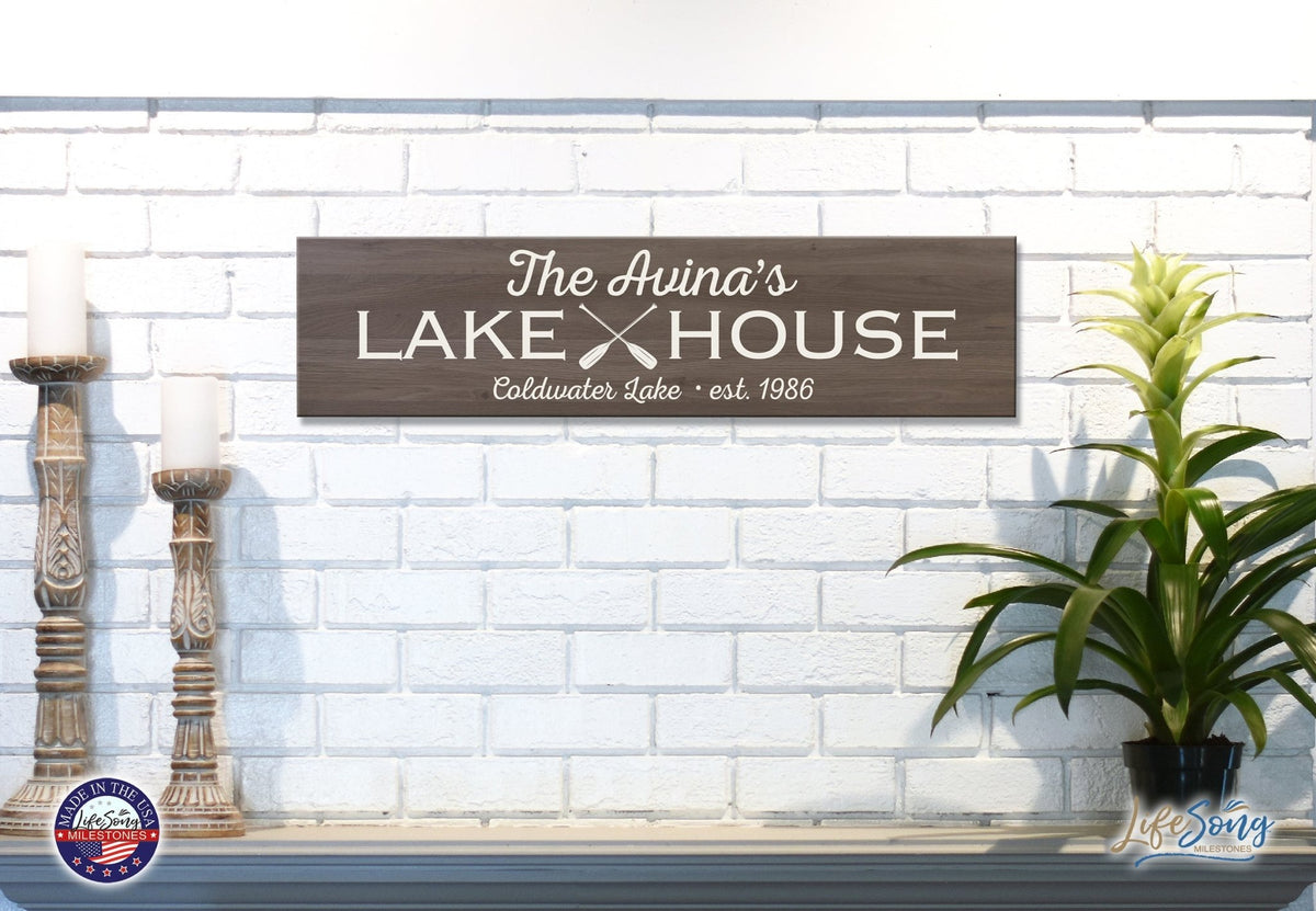 Personalized Inspirational Modern Family Beach House Wooden Wall Plaque 10x40 – Lake House (Oar) - LifeSong Milestones