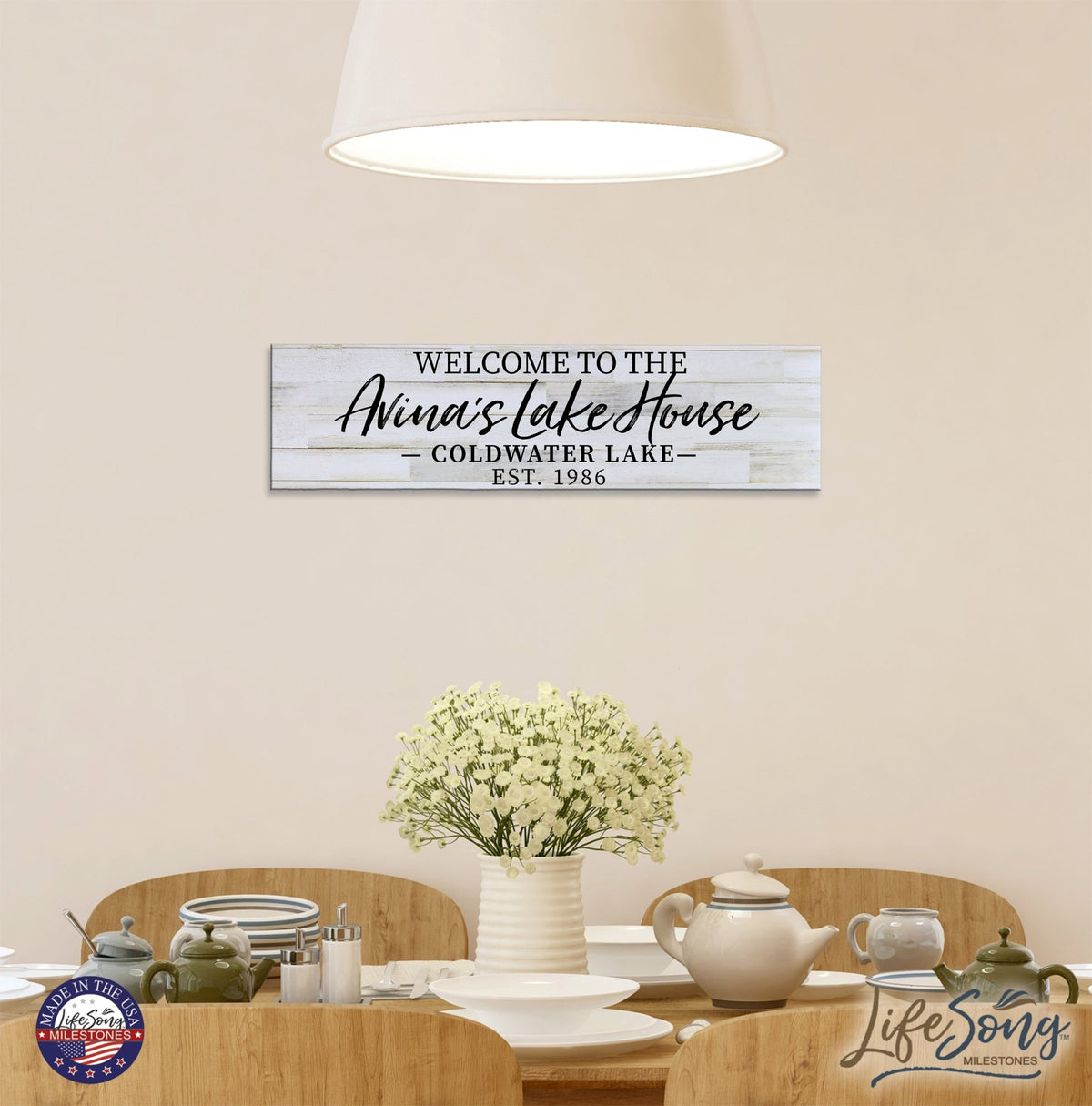 Personalized Inspirational Modern Family Beach House Wooden Wall Plaque 10x40 – Welcome To The Lake - LifeSong Milestones