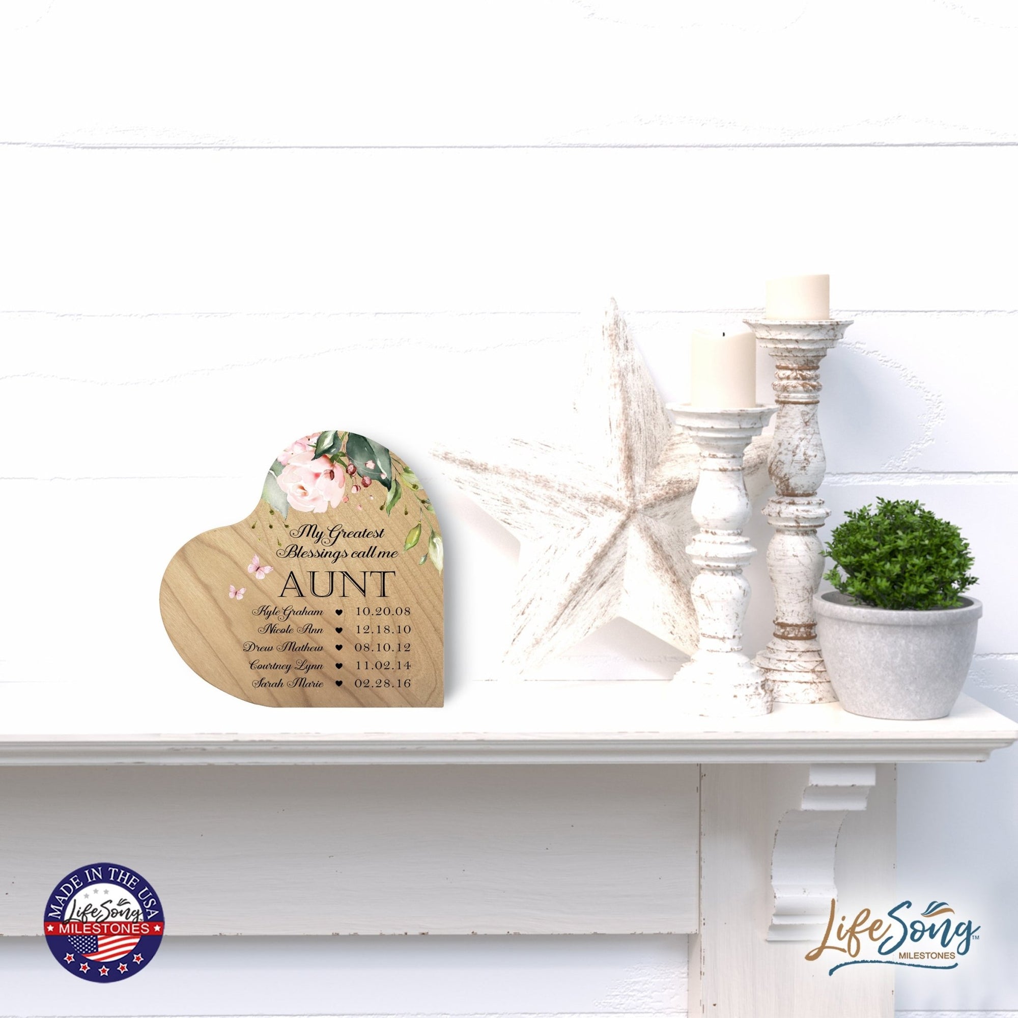 Personalized Inspiring Aunt's Love Wooden Heart Block 5in Great - My Greatest Blessings - Aunt - LifeSong Milestones