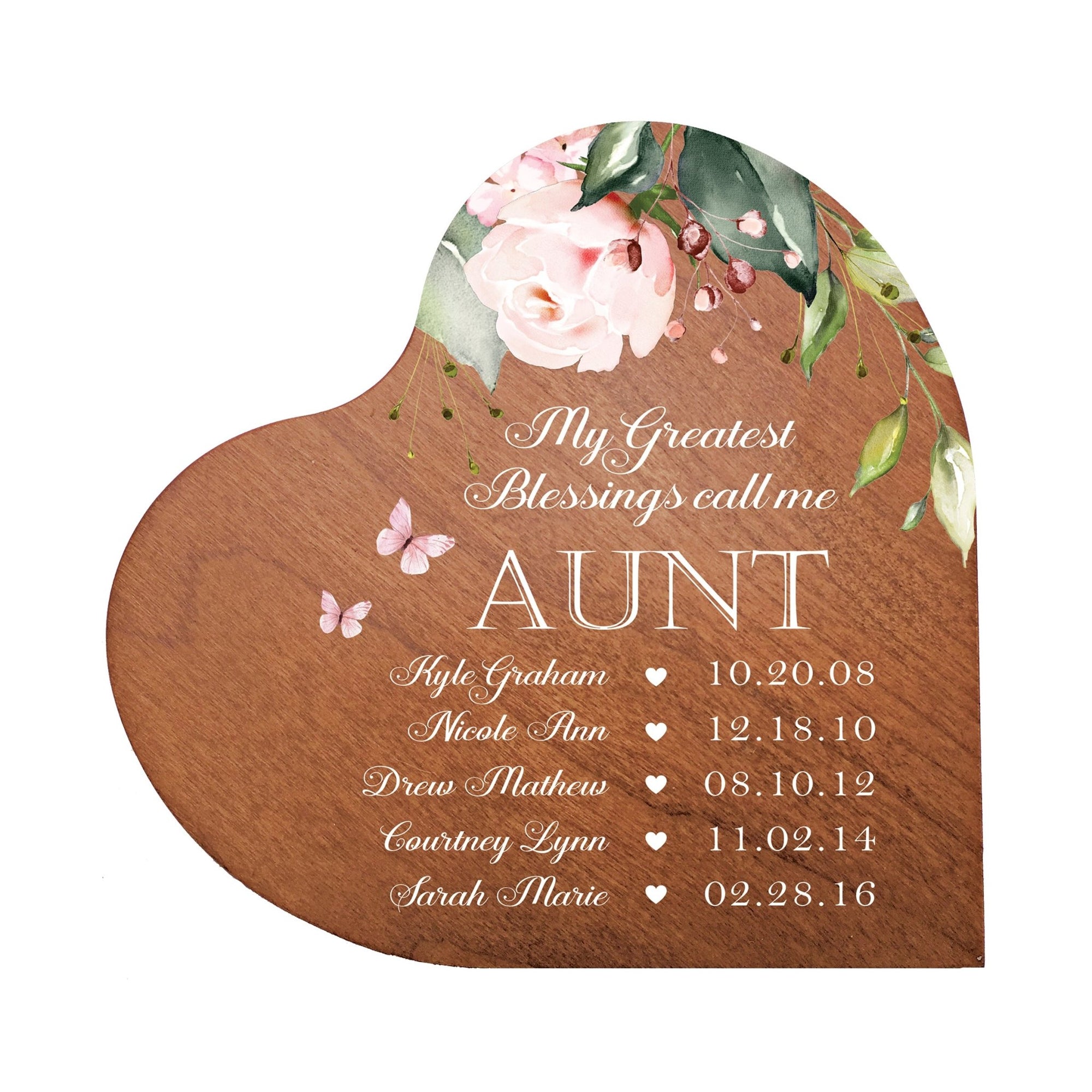 Personalized Inspiring Aunt's Love Wooden Heart Block 5in Great - My Greatest Blessings - Aunt - LifeSong Milestones