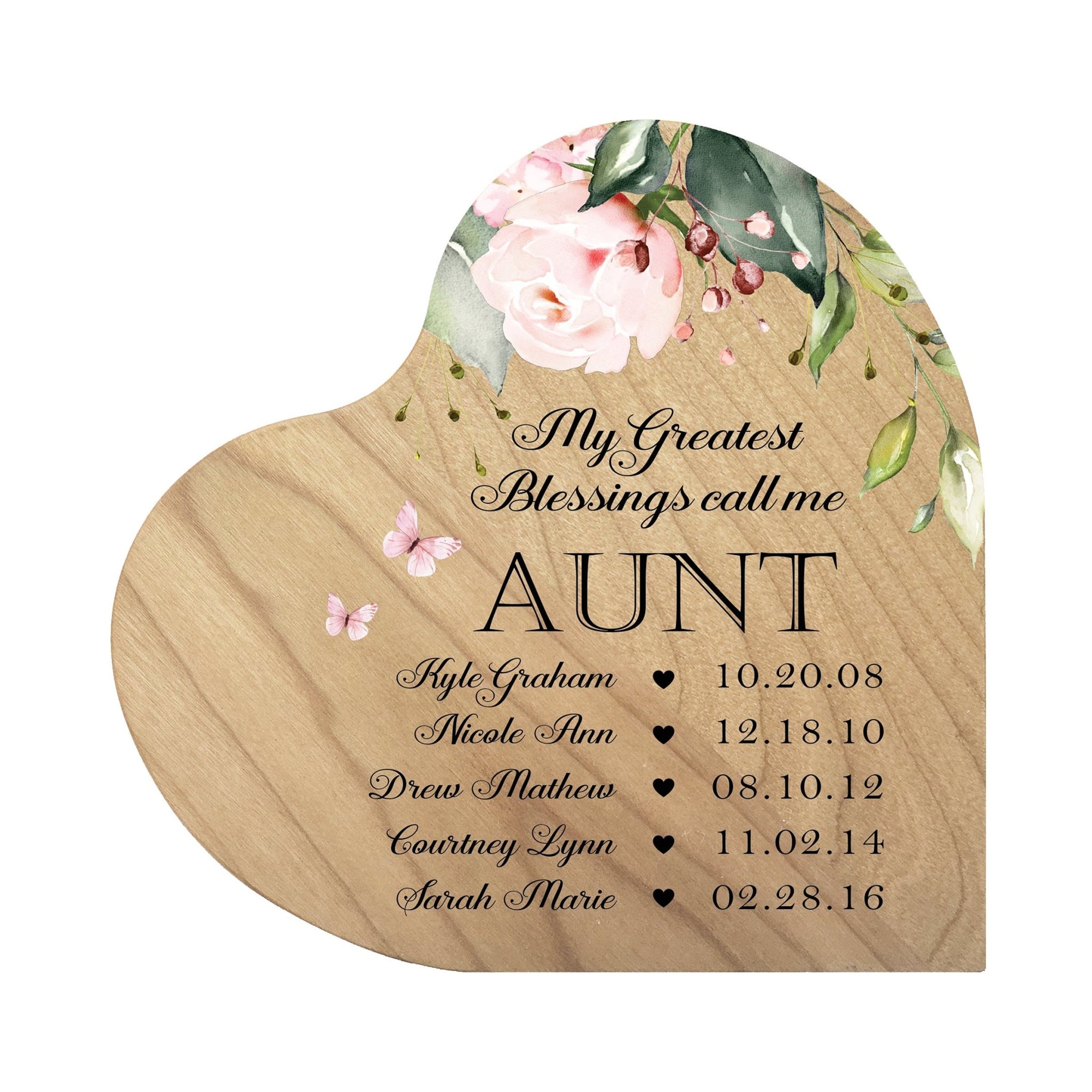 Personalized Inspiring Aunt's Love Wooden Heart Block 5in Great - My Greatest Blessings - Aunt - LifeSong Milestones