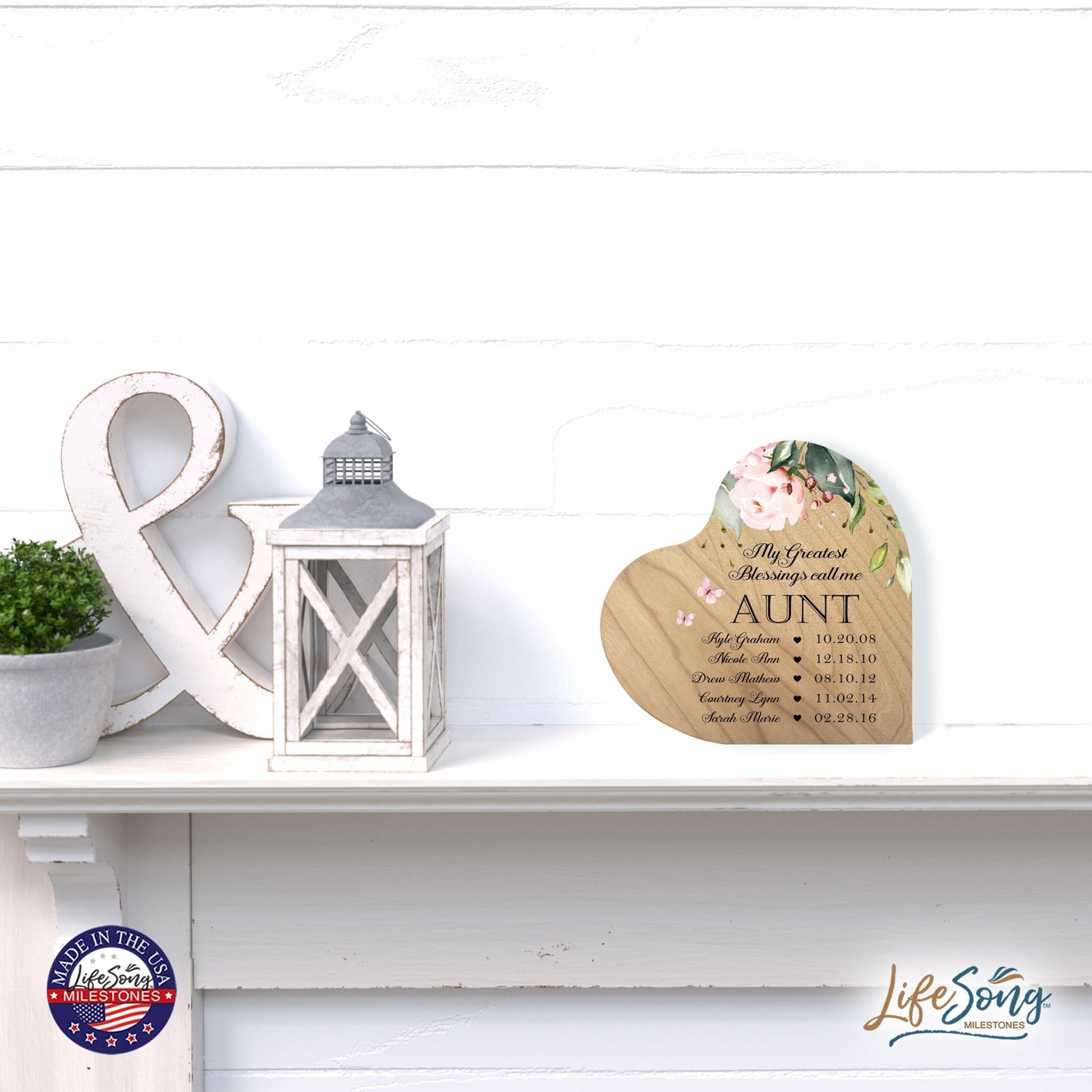 Personalized Inspiring Aunt's Love Wooden Heart Block 5in Great - My Greatest Blessings - Aunt - LifeSong Milestones