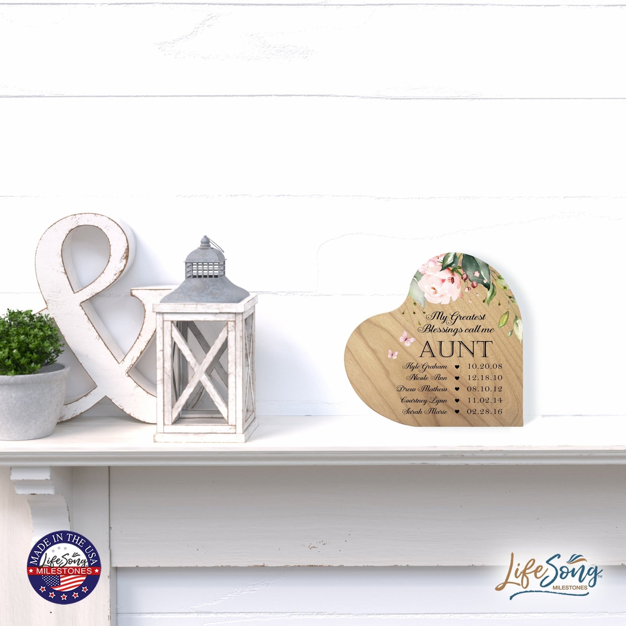 Personalized Inspiring Aunt's Love Wooden Heart Block 5in Great - My Greatest Blessings - Aunt - LifeSong Milestones