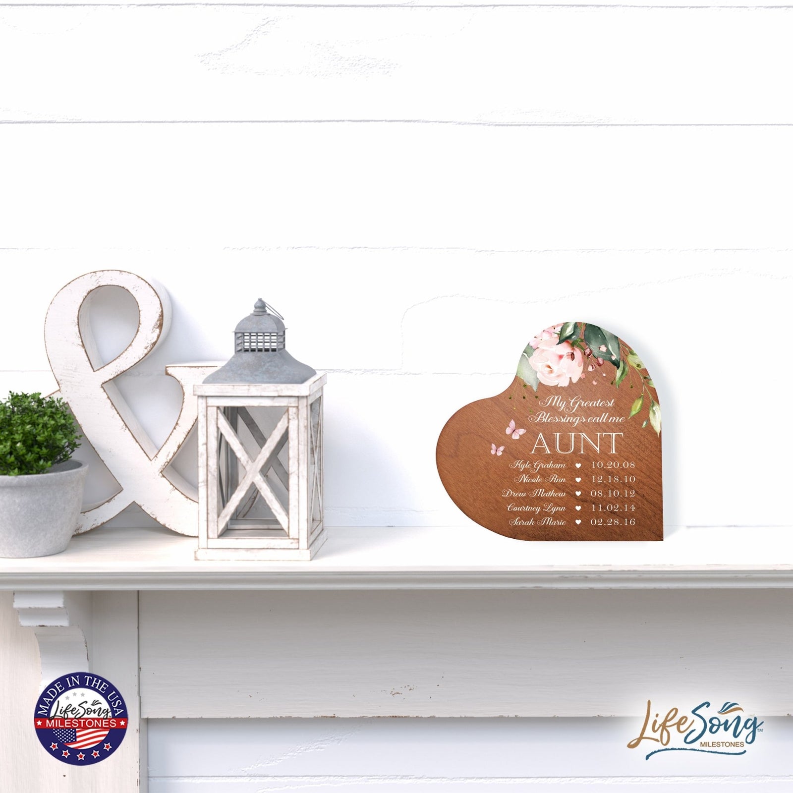 Personalized Inspiring Aunt's Love Wooden Heart Block 5in Great - My Greatest Blessings - Aunt - LifeSong Milestones