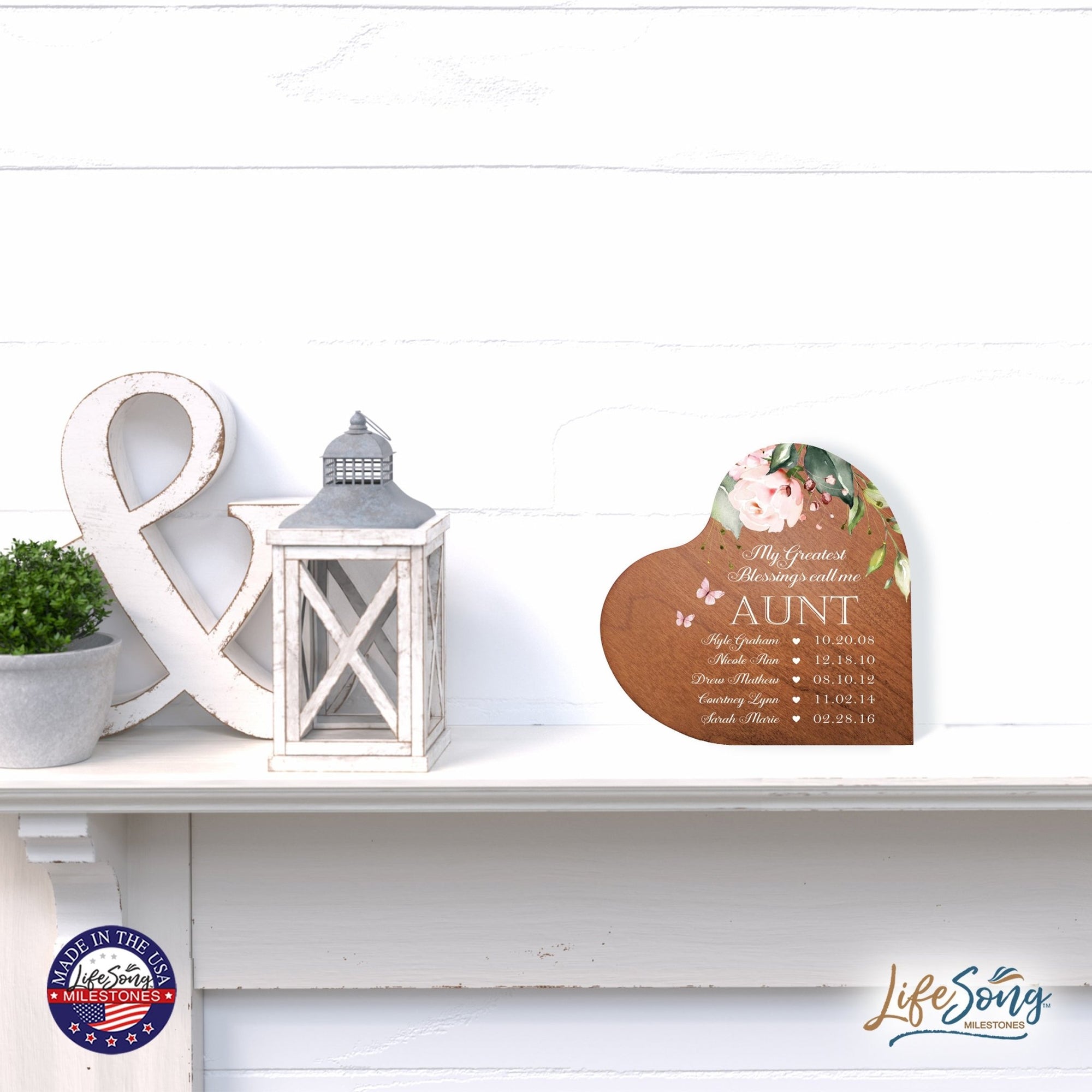 Personalized Inspiring Aunt's Love Wooden Heart Block 5in Great - My Greatest Blessings - Aunt - LifeSong Milestones