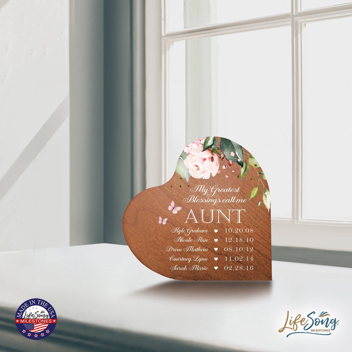 Personalized Inspiring Aunt's Love Wooden Heart Block 5in Great - My Greatest Blessings - Aunt - LifeSong Milestones
