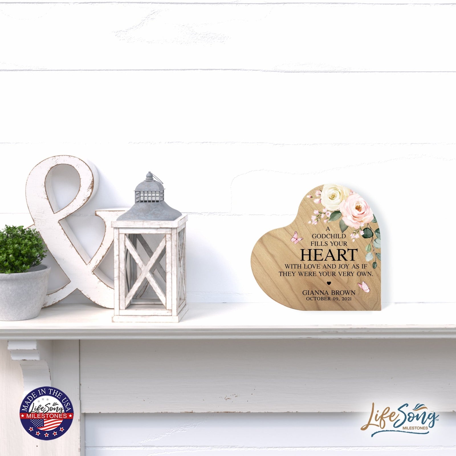 Baptismal Heart Shaped Shelf Décor Signs Gift for Godchild