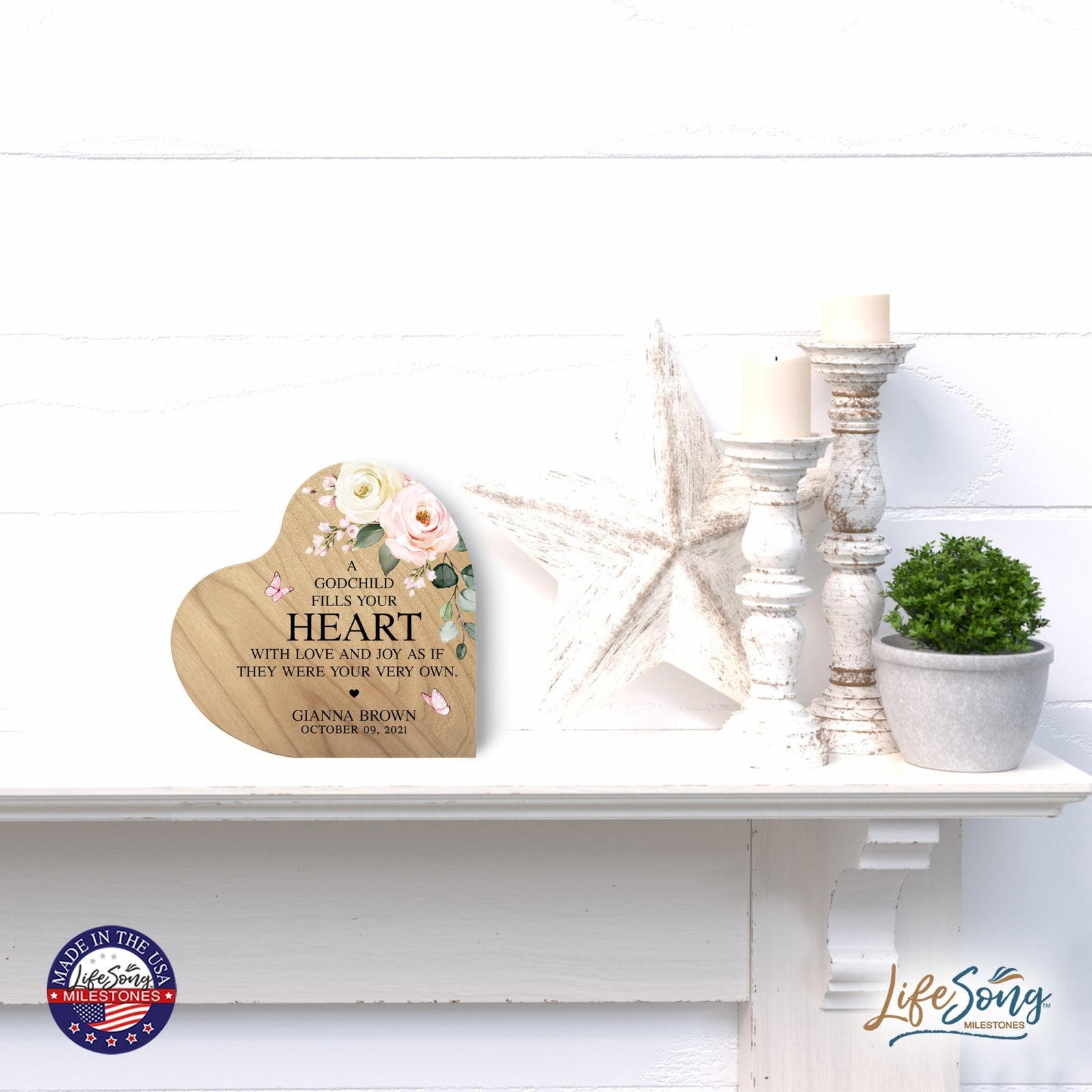 Personalized Baptism Heart Shaped Tabletop Signs Gift for Goddaughter