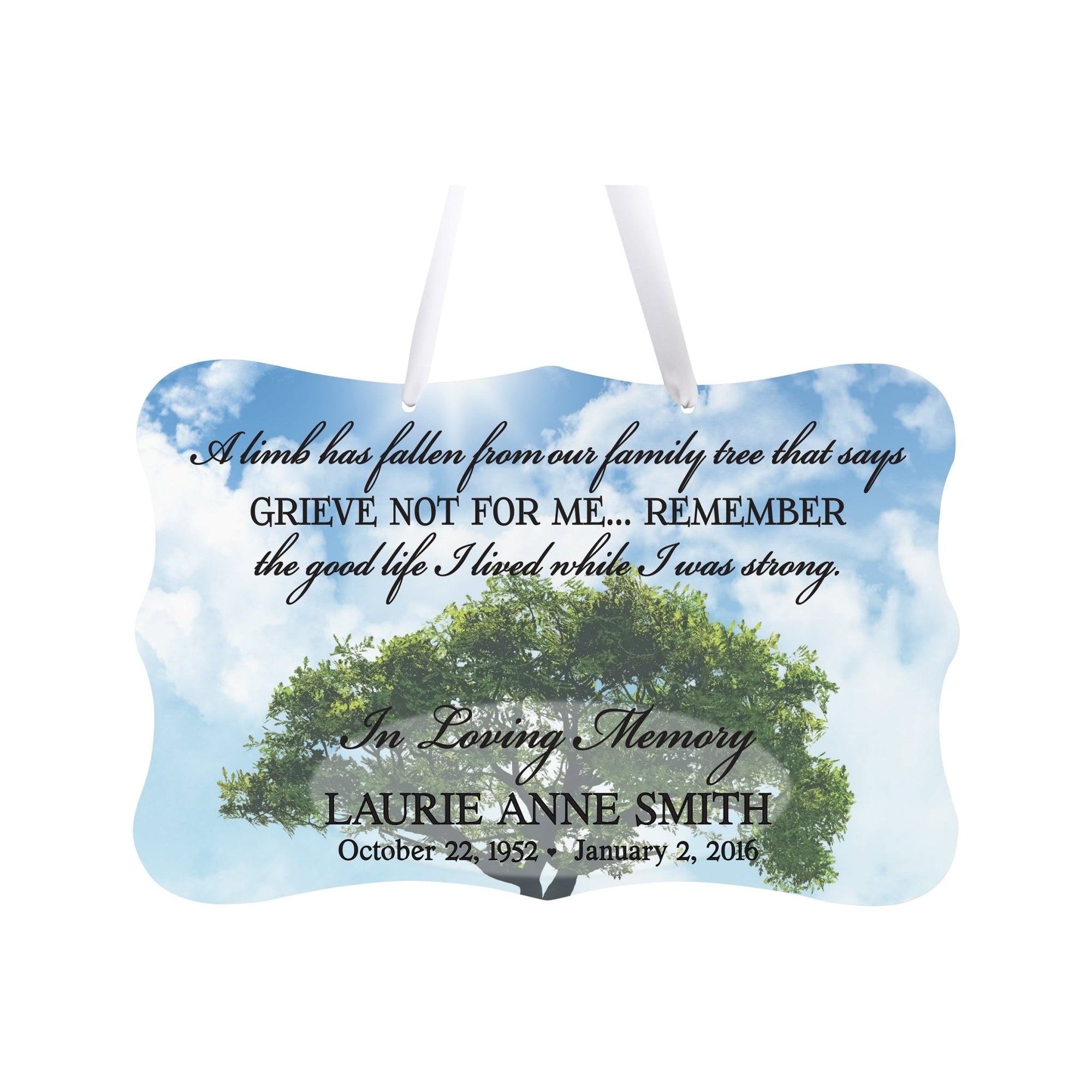 Personalized Inspiring Memorial Scalloped Ribbon Sign 8x12in - A limb has fallen - LifeSong Milestones