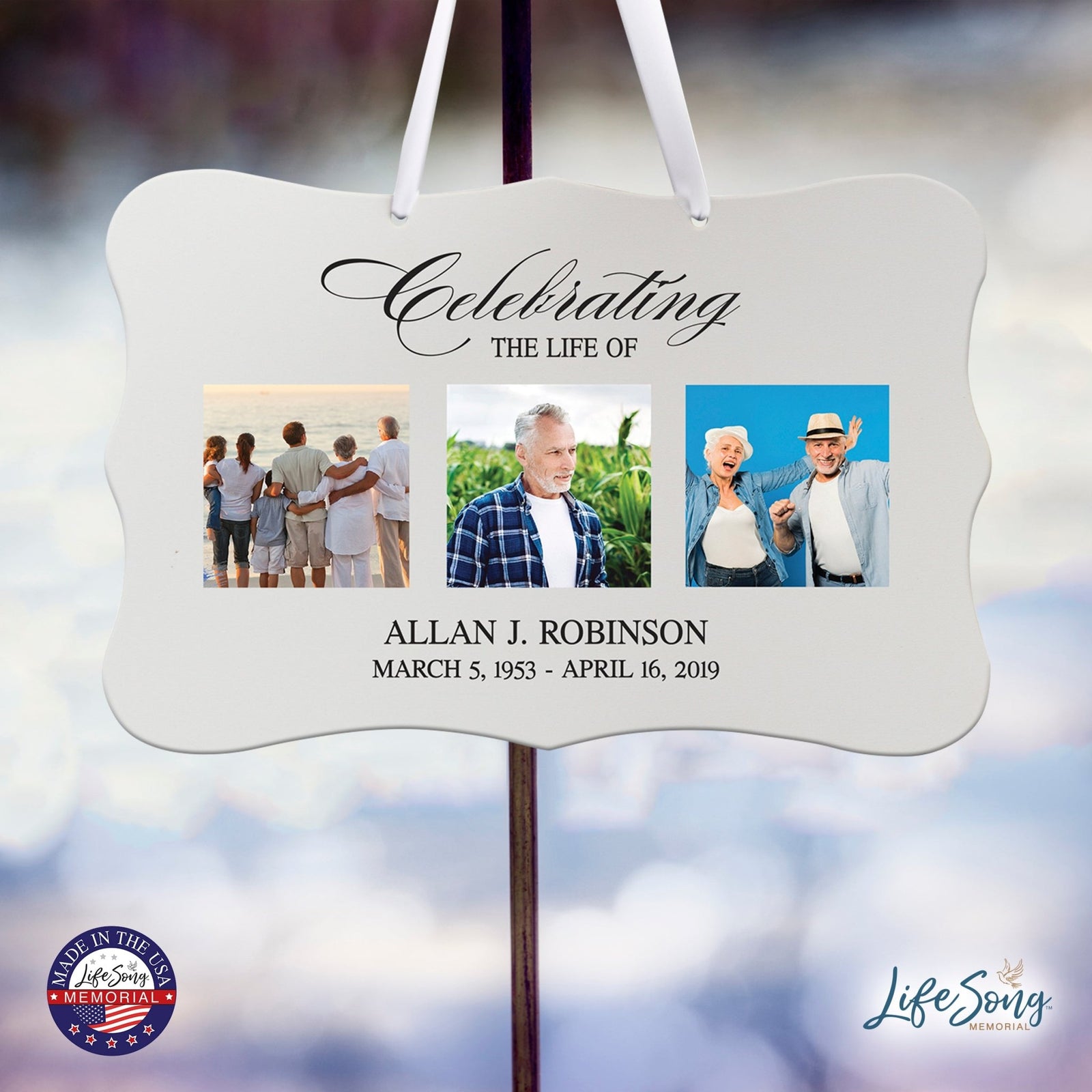Personalized Inspiring Memorial Scalloped Ribbon Sign 8x12in - Celebrating the life - LifeSong Milestones