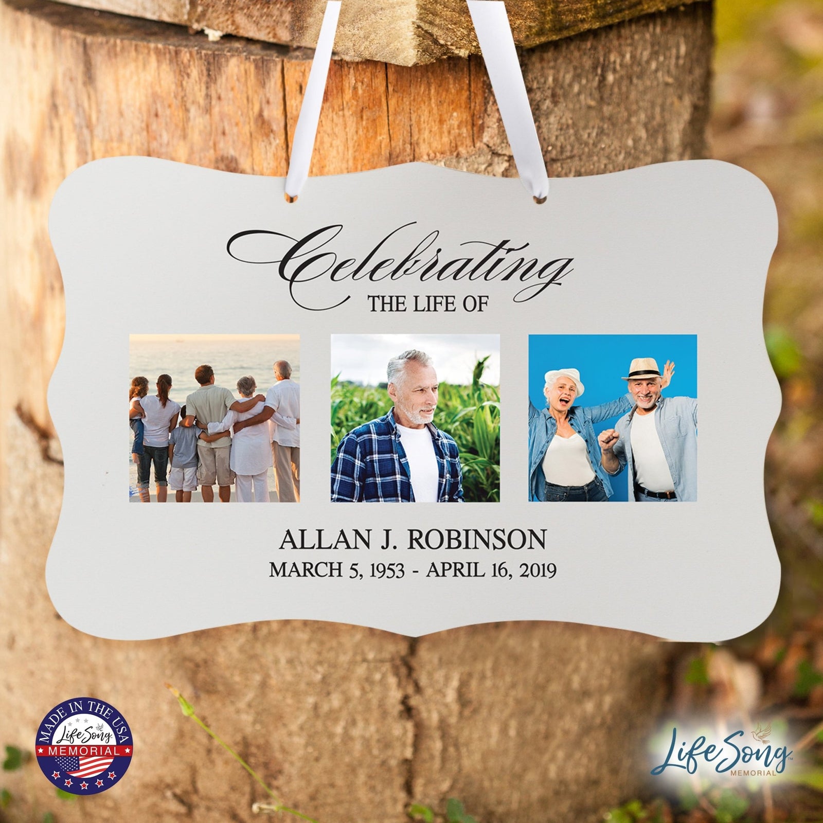 Personalized Inspiring Memorial Scalloped Ribbon Sign 8x12in - Celebrating the life - LifeSong Milestones