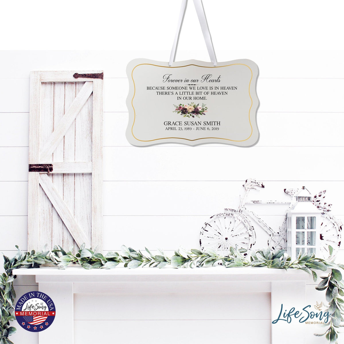 Personalized Inspiring Memorial Scalloped Ribbon Sign 8x12in - Forever in our hearts - LifeSong Milestones