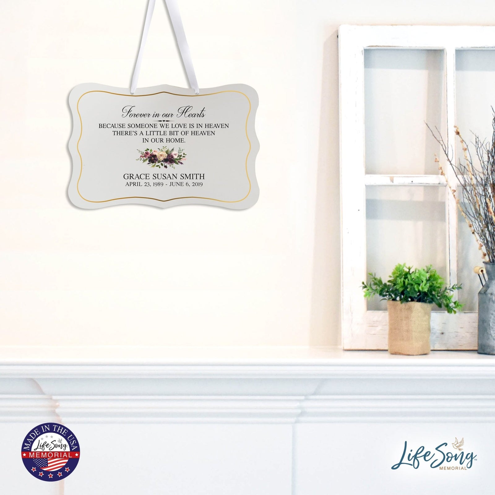 Personalized Inspiring Memorial Scalloped Ribbon Sign 8x12in - Forever in our hearts - LifeSong Milestones