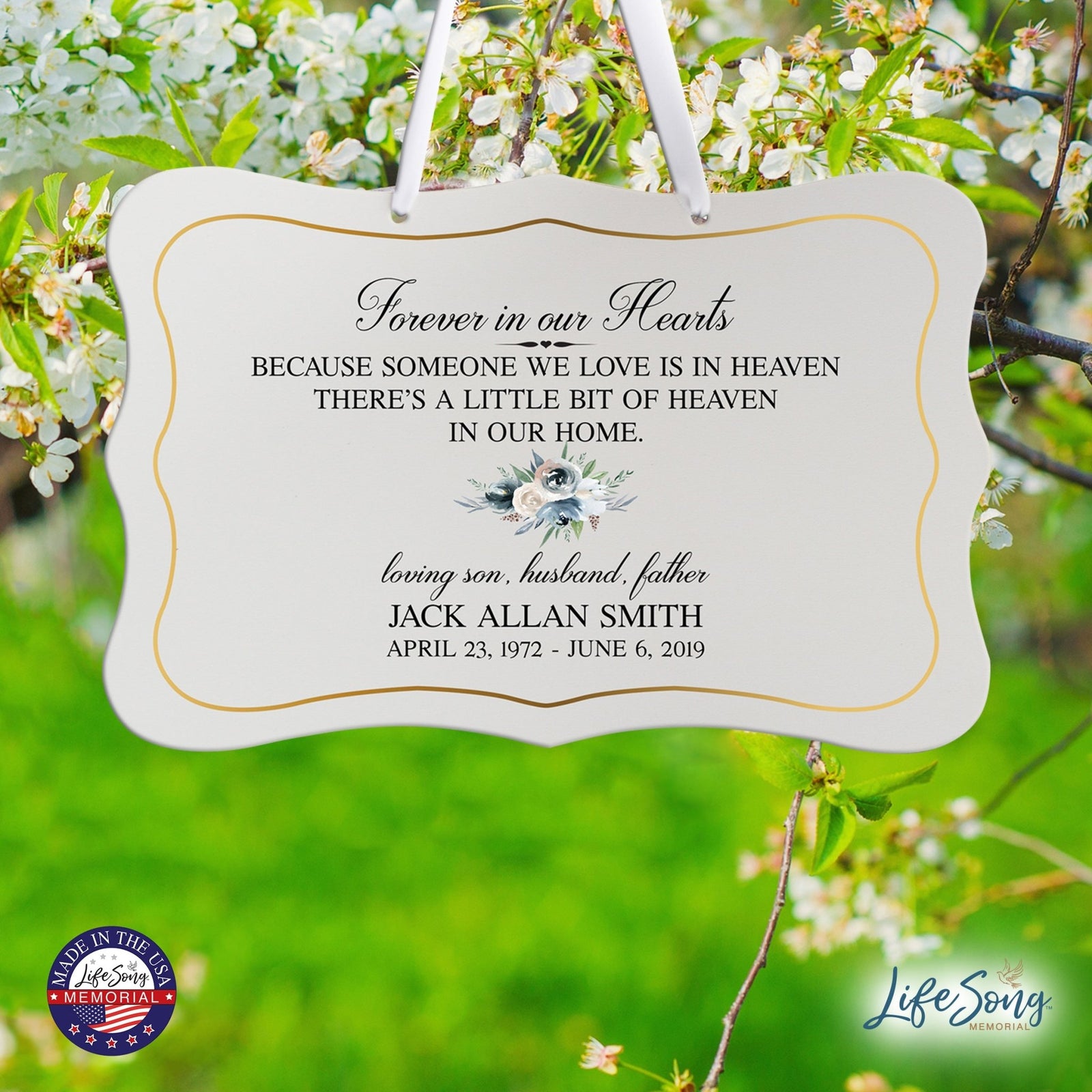 Personalized Inspiring Memorial Scalloped Ribbon Sign 8x12in - Forever in our hearts - LifeSong Milestones