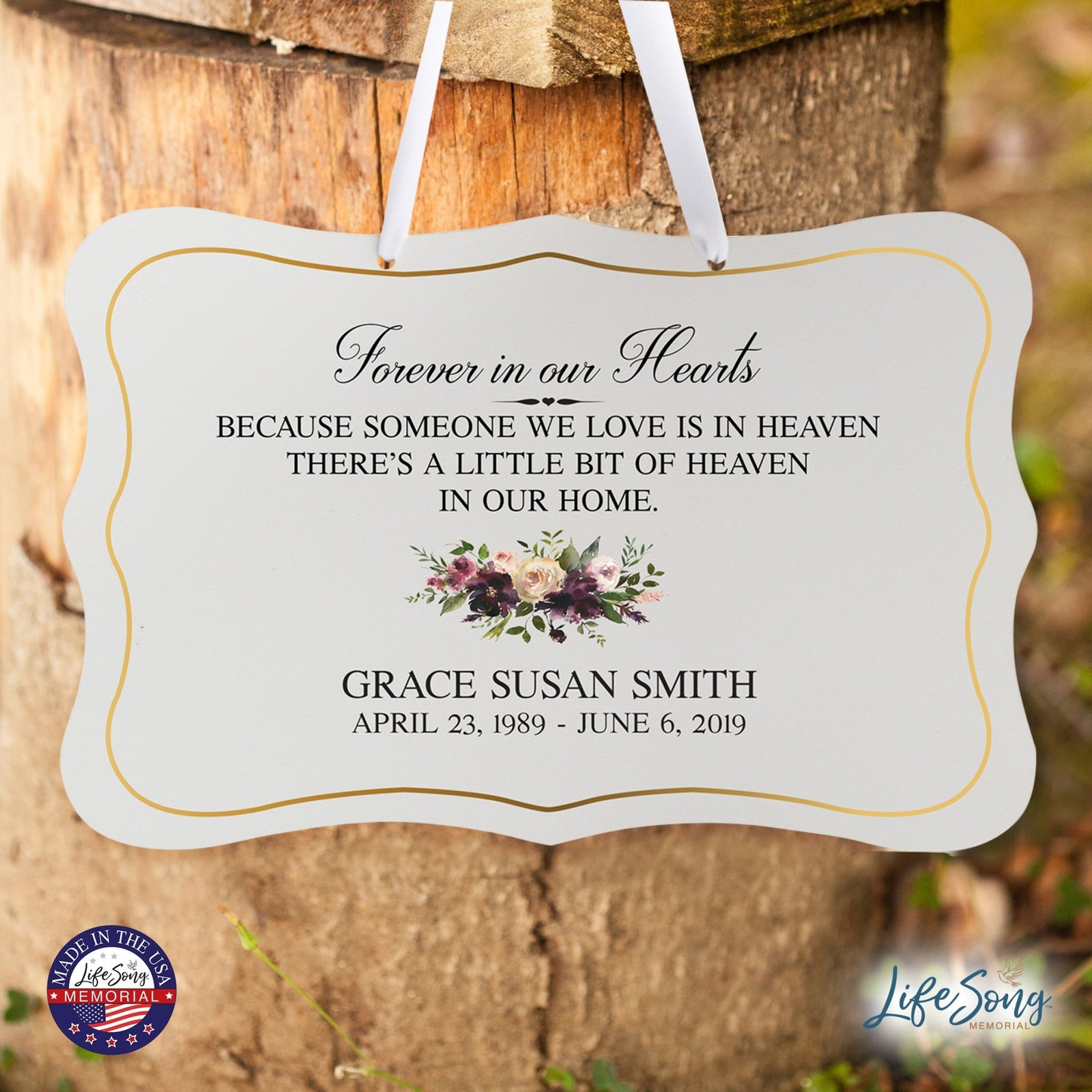 Personalized Inspiring Memorial Scalloped Ribbon Sign 8x12in - Forever in our hearts - LifeSong Milestones