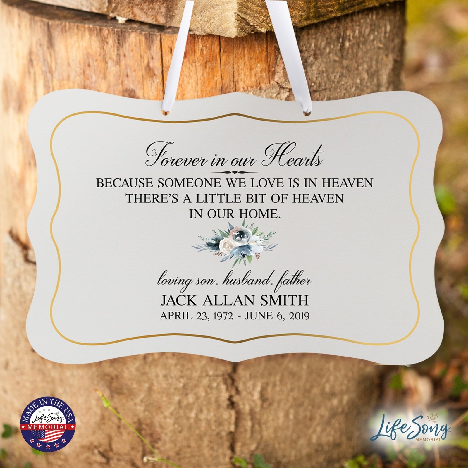 Personalized Inspiring Memorial Scalloped Ribbon Sign 8x12in - Forever in our hearts - LifeSong Milestones