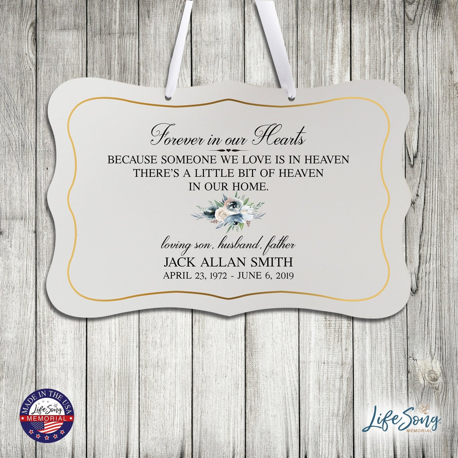 Personalized Inspiring Memorial Scalloped Ribbon Sign 8x12in - Forever in our hearts - LifeSong Milestones