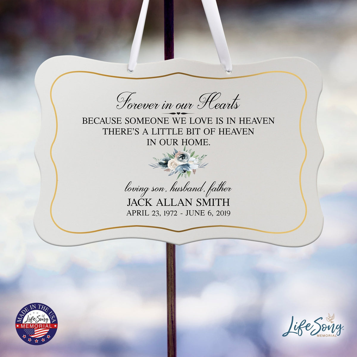 Personalized Inspiring Memorial Scalloped Ribbon Sign 8x12in - Forever in our hearts - LifeSong Milestones