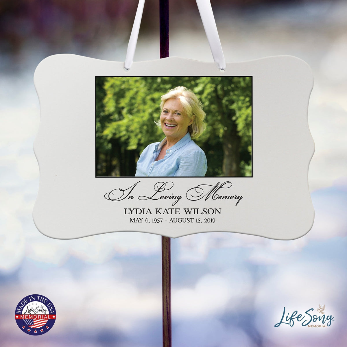 Personalized Inspiring Memorial Scalloped Ribbon Sign 8x12in - In loving memory - LifeSong Milestones
