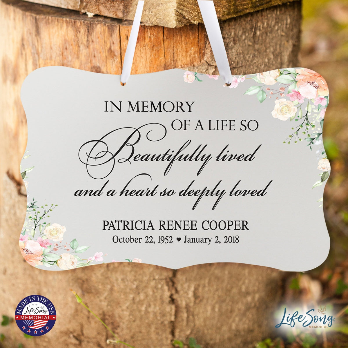 Personalized Inspiring Memorial Scalloped Ribbon Sign 8x12in - In memory of a life - LifeSong Milestones