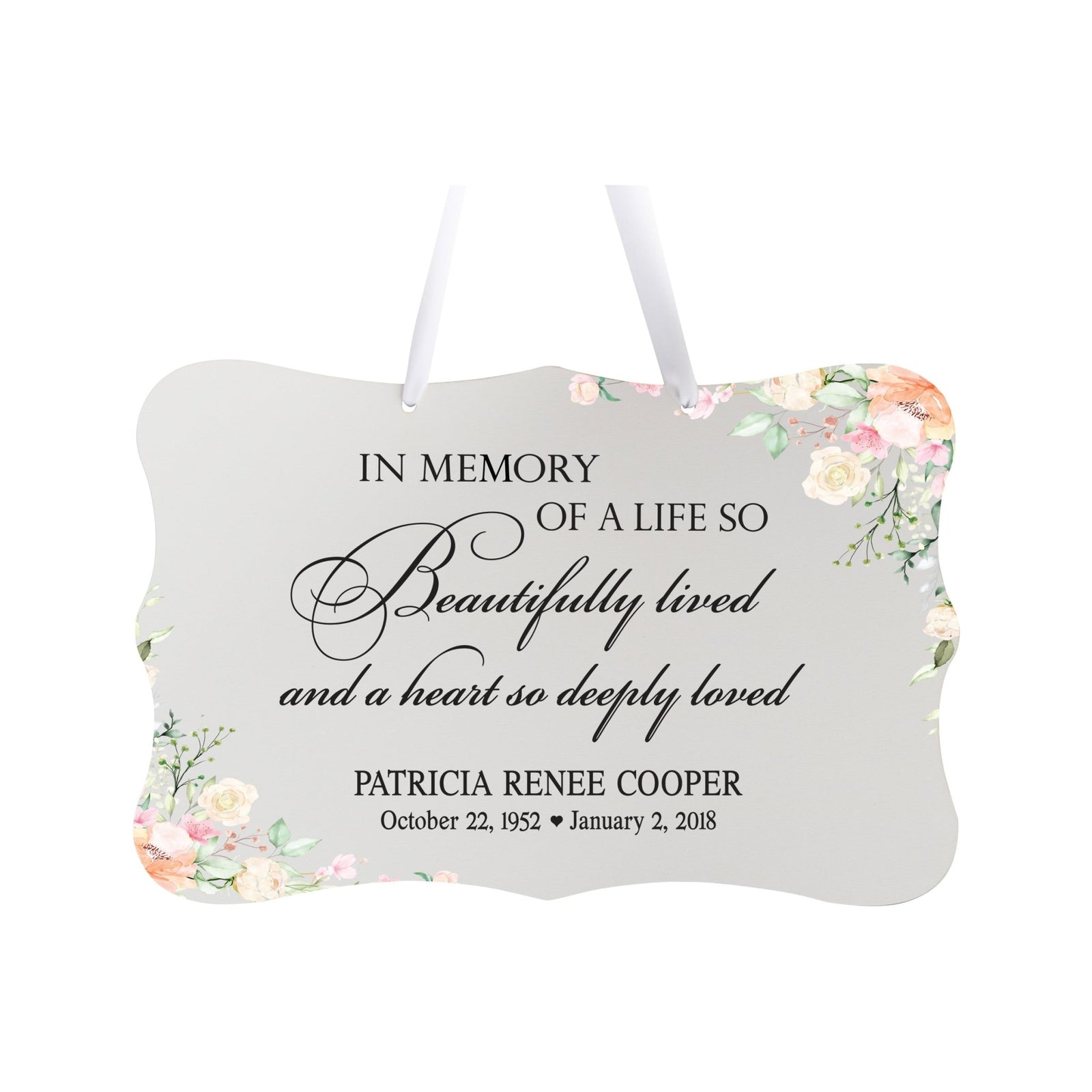 Personalized Inspiring Memorial Scalloped Ribbon Sign 8x12in - In memory of a life - LifeSong Milestones