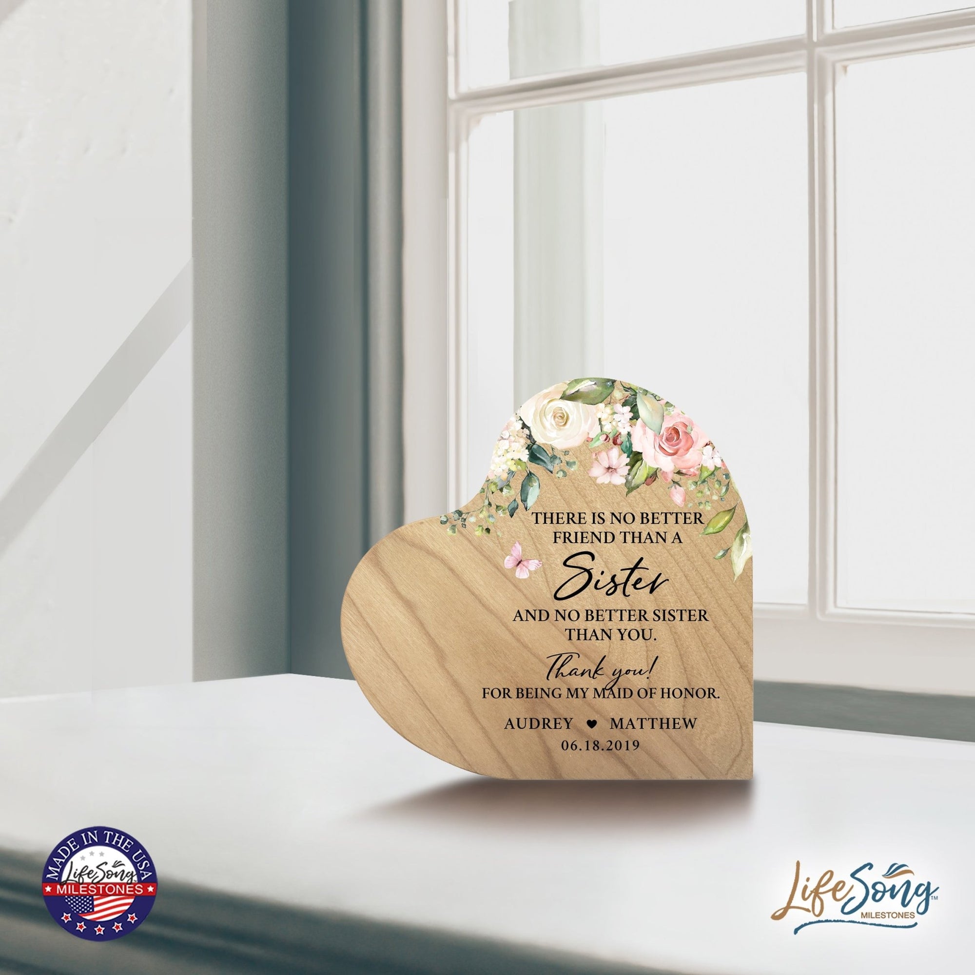 Personalized Inspiring Sister's Love Wooden Heart Block 5in Great - No Better Friend - LifeSong Milestones