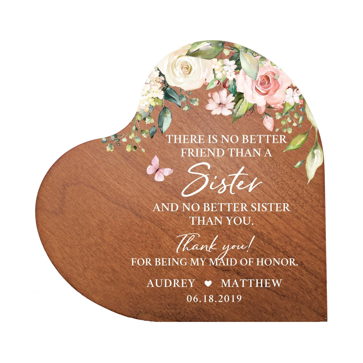 Personalized Inspiring Sister&#39;s Love Wooden Heart Block 5in Great - No Better Friend - LifeSong Milestones