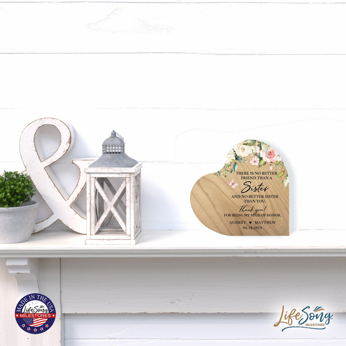 Personalized Inspiring Sister's Love Wooden Heart Block 5in Great - No Better Friend - LifeSong Milestones