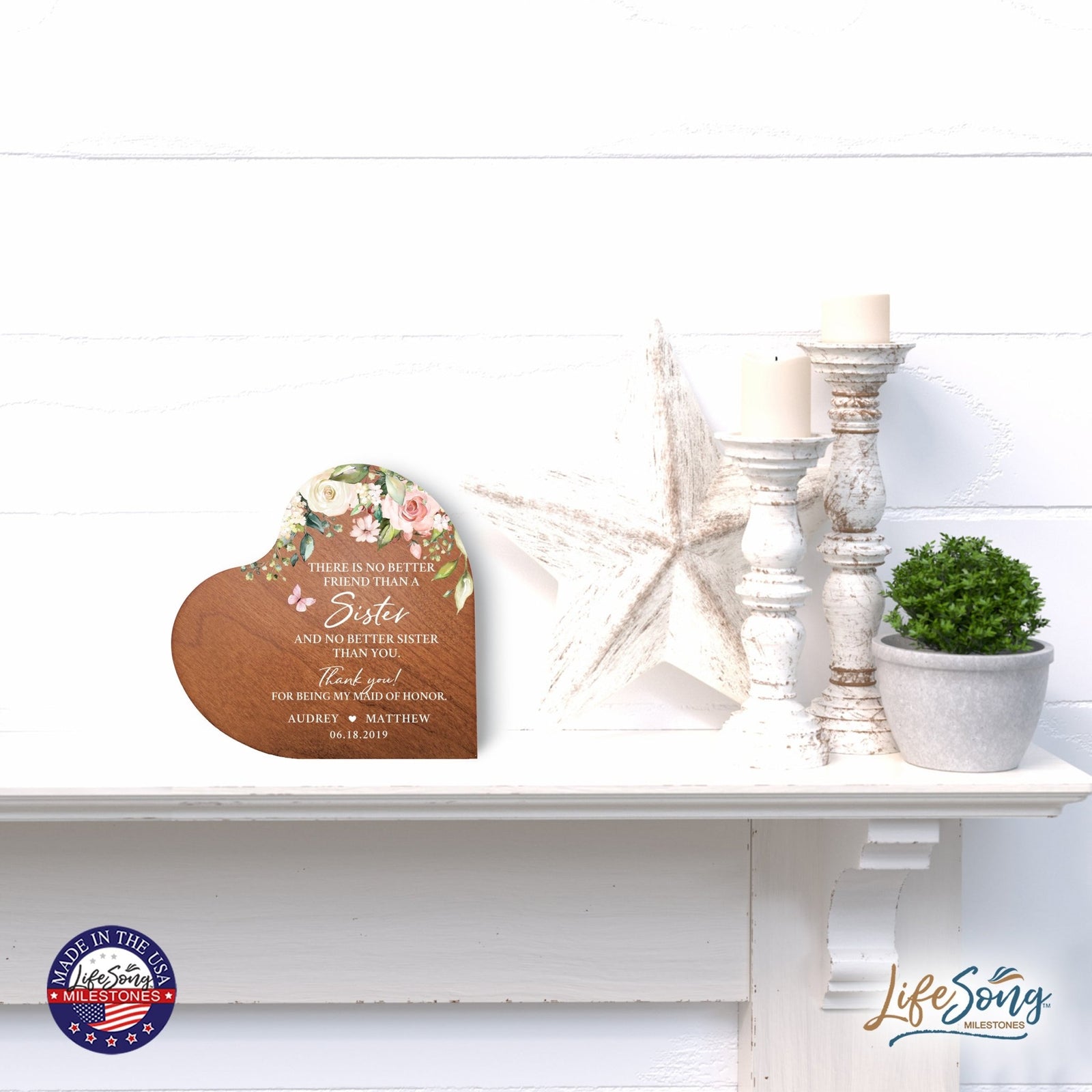 Personalized Inspiring Sister's Love Wooden Heart Block 5in Great - No Better Friend - LifeSong Milestones