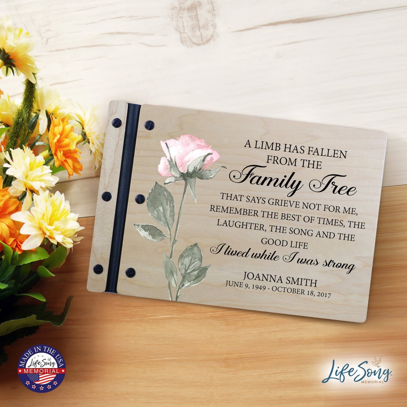 Personalized Medium Wooden Memorial Guestbook 12.375x8.5 - A Limb Has Fallen (Laughter) - LifeSong Milestones
