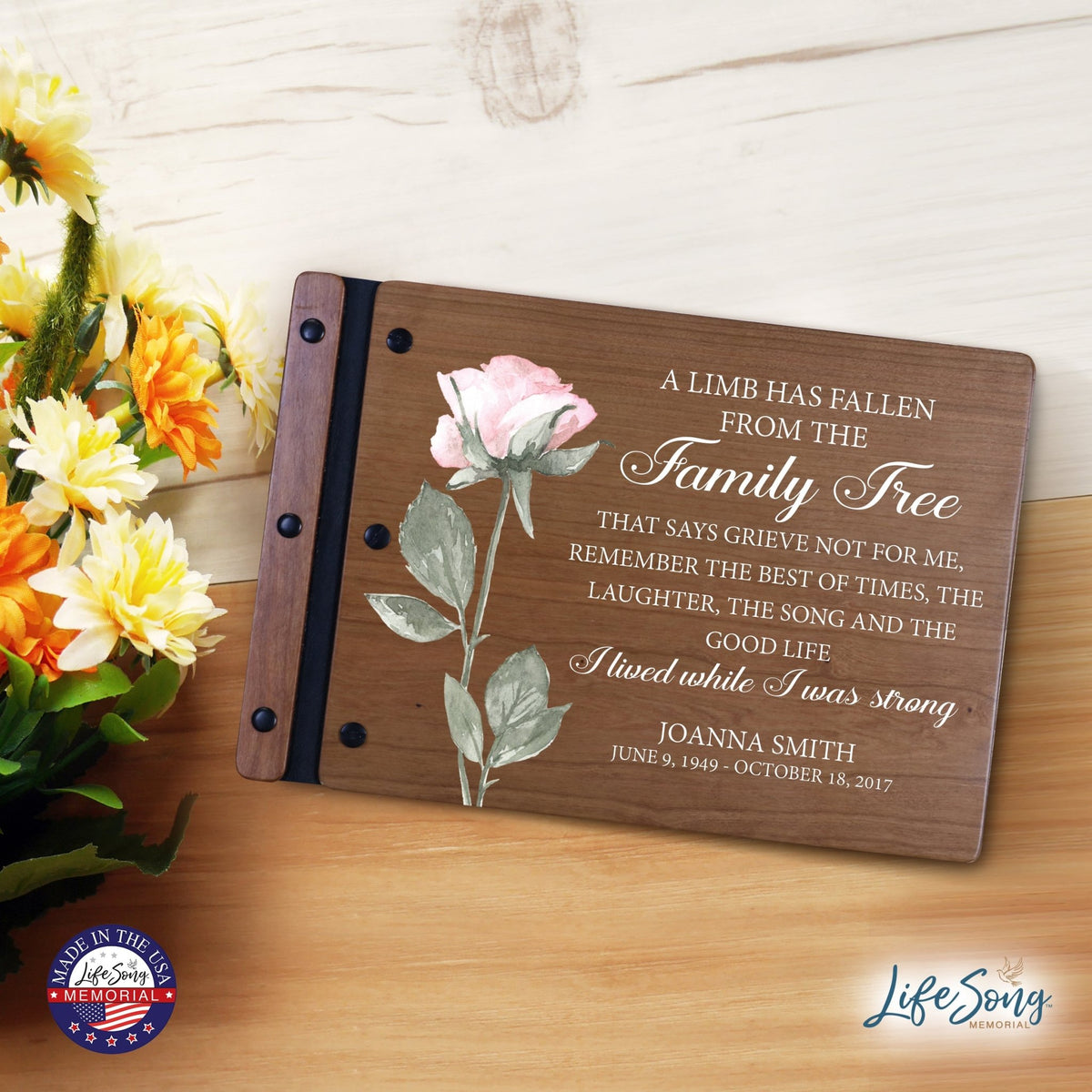 Personalized Medium Wooden Memorial Guestbook 12.375x8.5 - A Limb Has Fallen (Laughter) - LifeSong Milestones