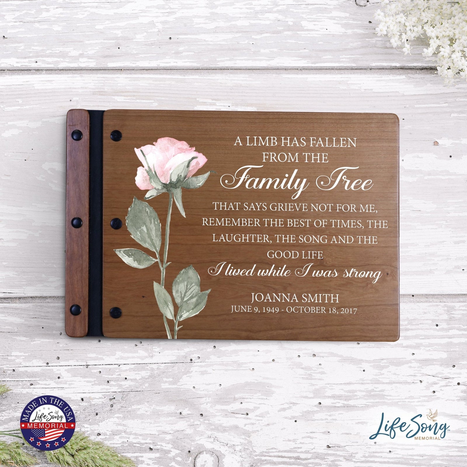 Personalized Medium Wooden Memorial Guestbook 12.375x8.5 - A Limb Has Fallen (Laughter) - LifeSong Milestones