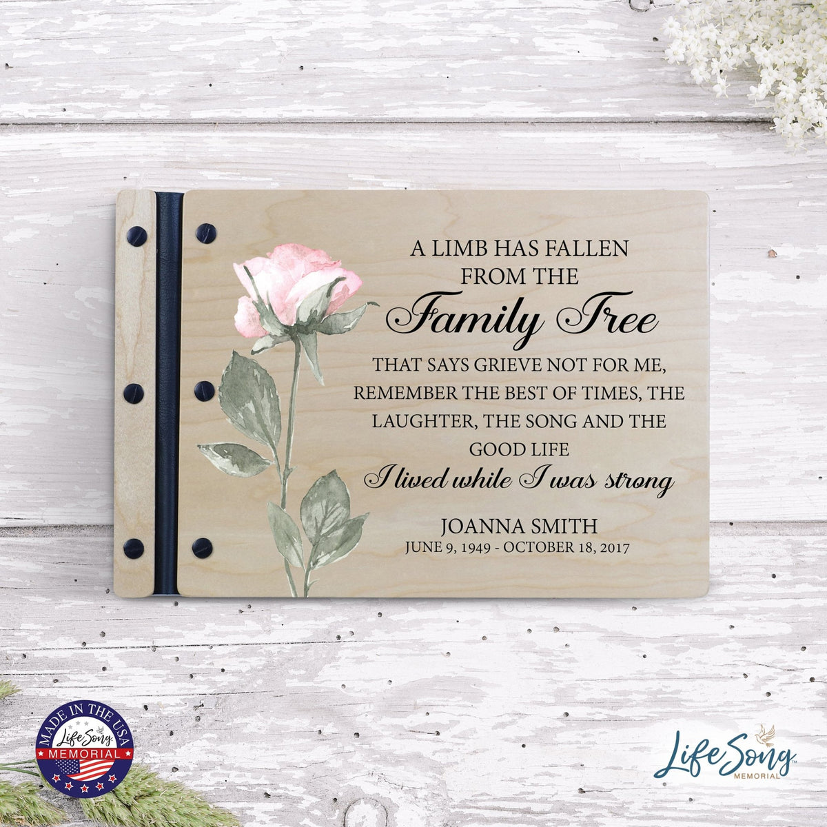 Personalized Medium Wooden Memorial Guestbook 12.375x8.5 - A Limb Has Fallen (Laughter) - LifeSong Milestones