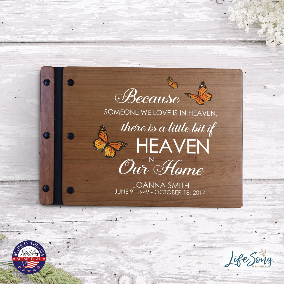 Personalized Medium Wooden Memorial Guestbook 12.375x8.5 - Because Someone We Love (Cherry) - LifeSong Milestones