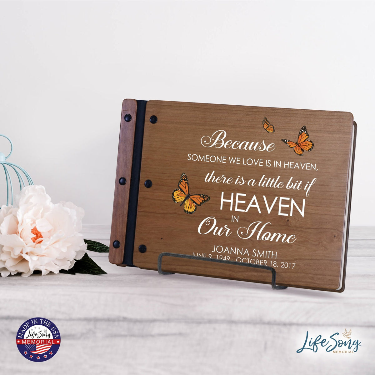 Personalized Medium Wooden Memorial Guestbook 12.375x8.5 - Because Someone We Love (Cherry) - LifeSong Milestones