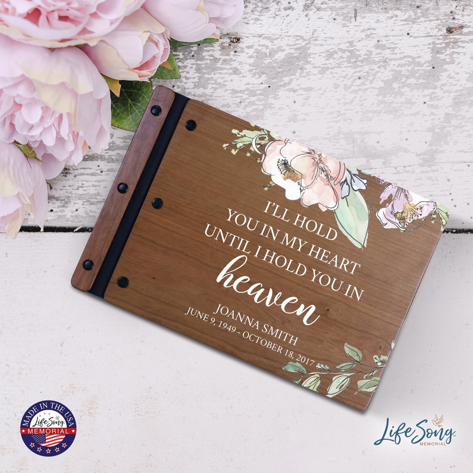 Personalized Medium Wooden Memorial Guestbook 12.375x8.5 - I’ll Hold You In My - LifeSong Milestones
