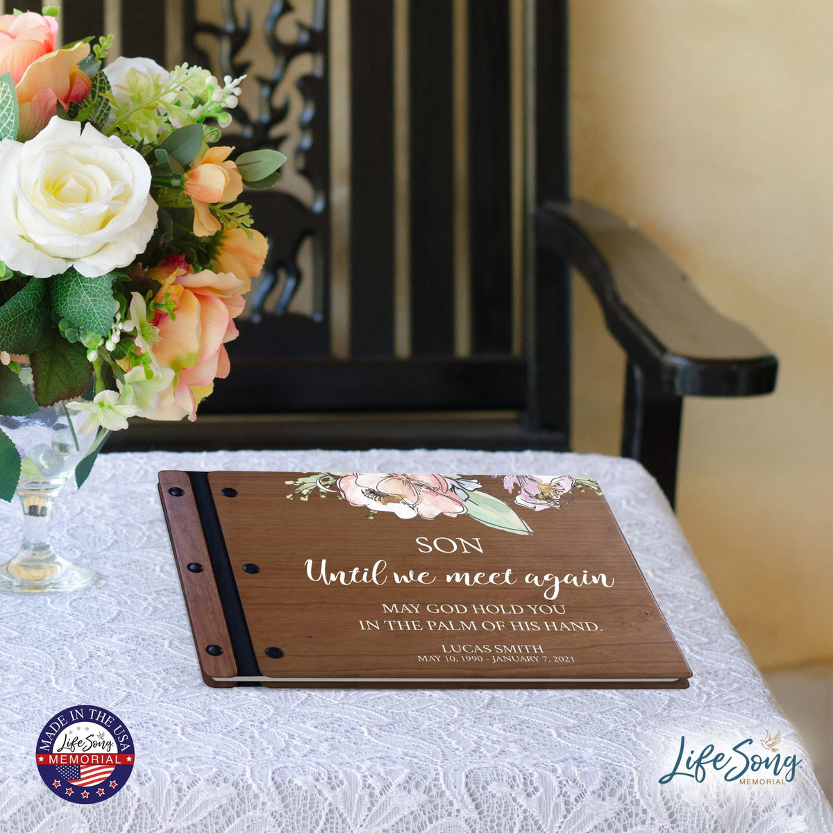 Personalized Medium Wooden Memorial Guestbook 12.375x8.5 - Until We Meet Again (Cherry) - LifeSong Milestones