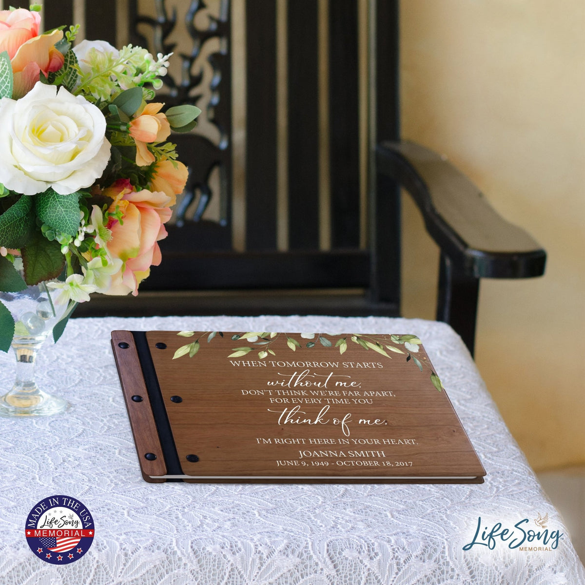 Personalized Medium Wooden Memorial Guestbook 12.375x8.5 - When Tomorrow Starts - LifeSong Milestones