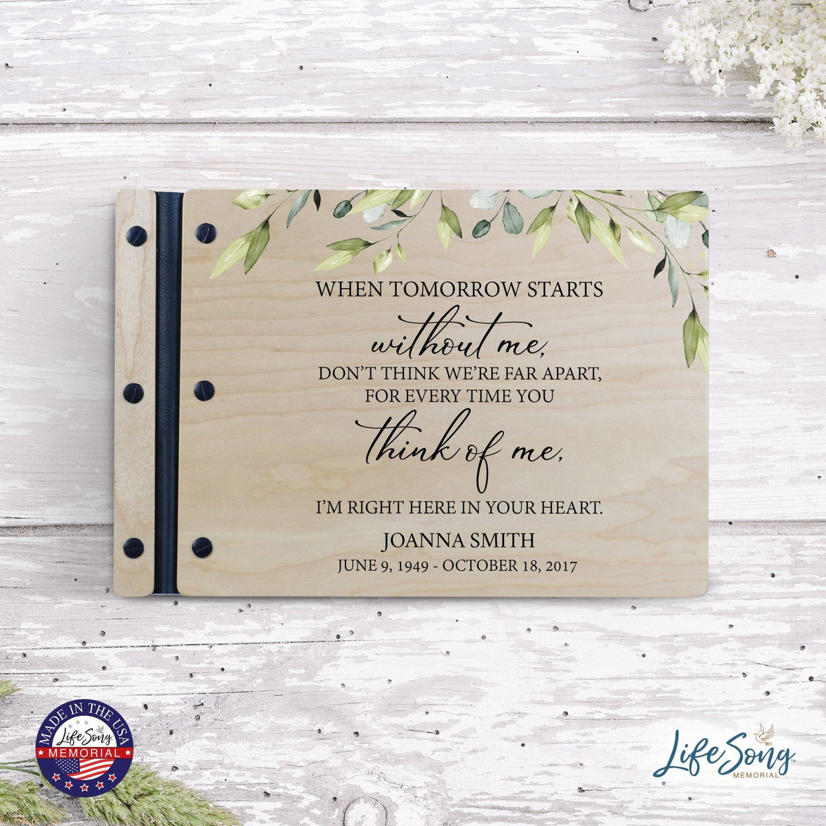 Personalized Medium Wooden Memorial Guestbook 12.375x8.5 - When Tomorrow Starts - LifeSong Milestones