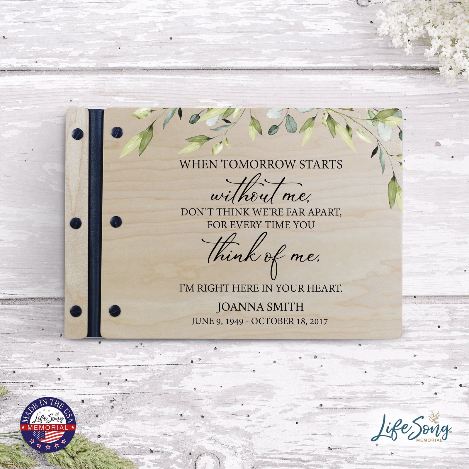 Personalized Medium Wooden Memorial Guestbook 12.375x8.5 - When Tomorrow Starts - LifeSong Milestones