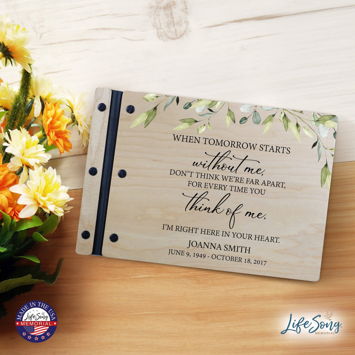 Personalized Medium Wooden Memorial Guestbook 12.375x8.5 - When Tomorrow Starts - LifeSong Milestones