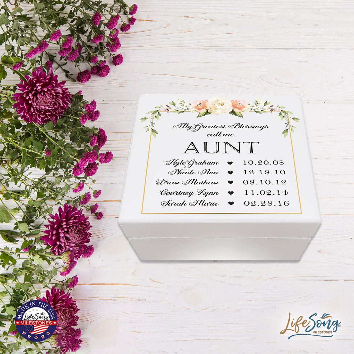 Personalized Memorable Aunt’s White Keepsake Box 6x5.5in with inspiring verse - Greatest Blessings - LifeSong Milestones
