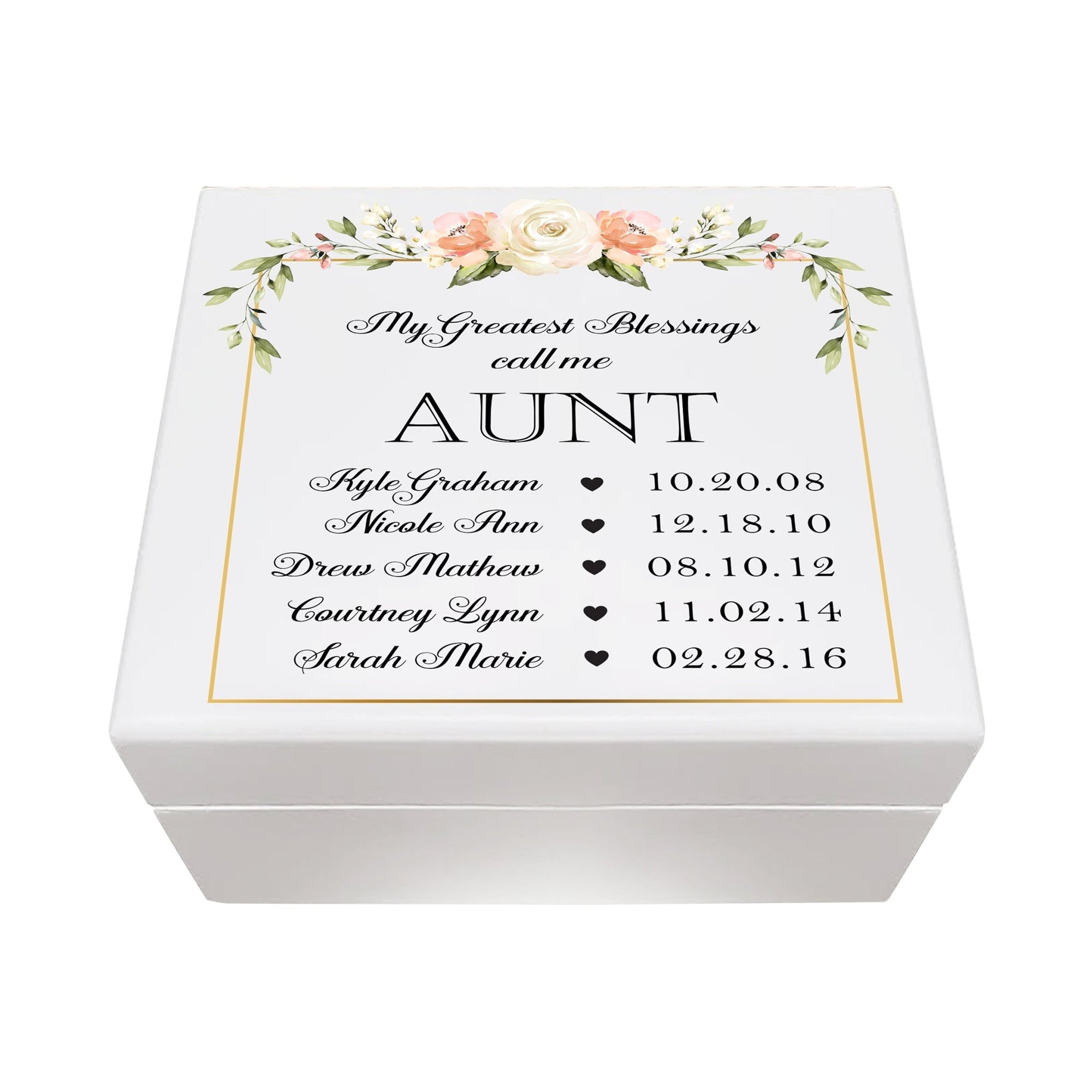 Personalized Memorable Aunt’s White Keepsake Box 6x5.5in with inspiring verse - Greatest Blessings - LifeSong Milestones