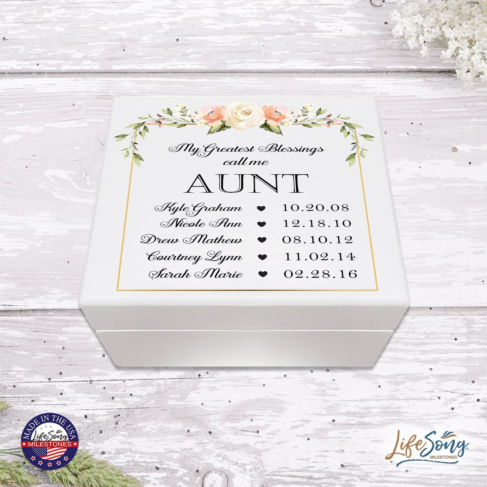 Personalized Memorable Aunt’s White Keepsake Box 6x5.5in with inspiring verse - Greatest Blessings - LifeSong Milestones