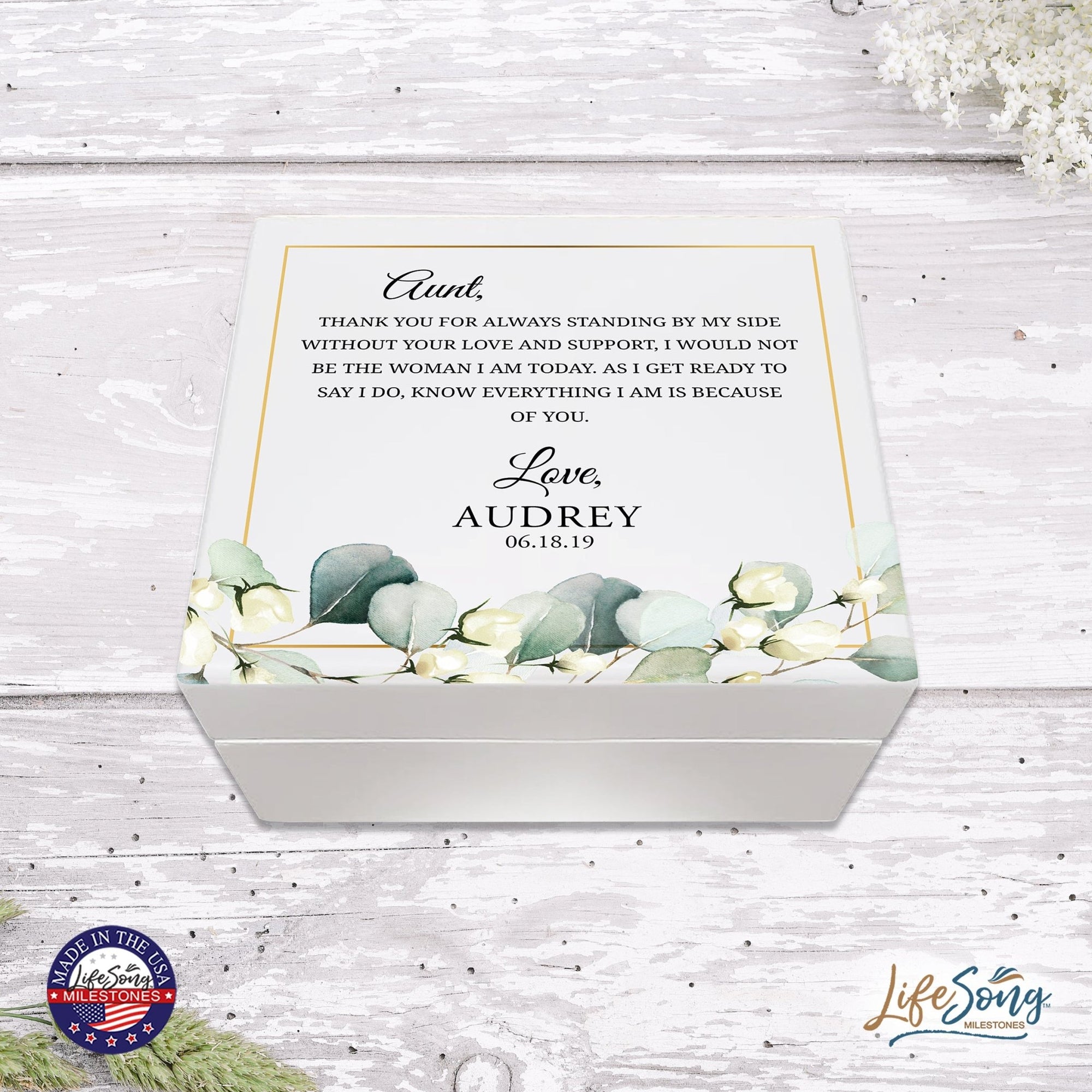 Personalized Memorable Aunt’s White Keepsake Box 6x5.5in with inspiring verse - Thank You - LifeSong Milestones