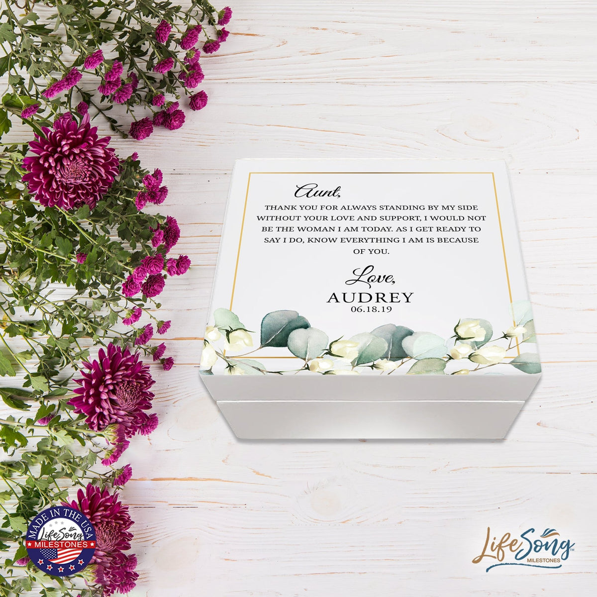 Personalized Memorable Aunt’s White Keepsake Box 6x5.5in with inspiring verse - Thank You - LifeSong Milestones
