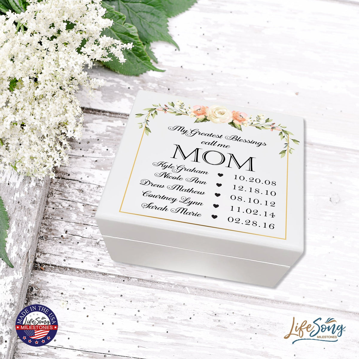 Personalized Memorable Mother’s White Keepsake Box 6x5.5 with inspiring verse - Greatest Blessings - LifeSong Milestones