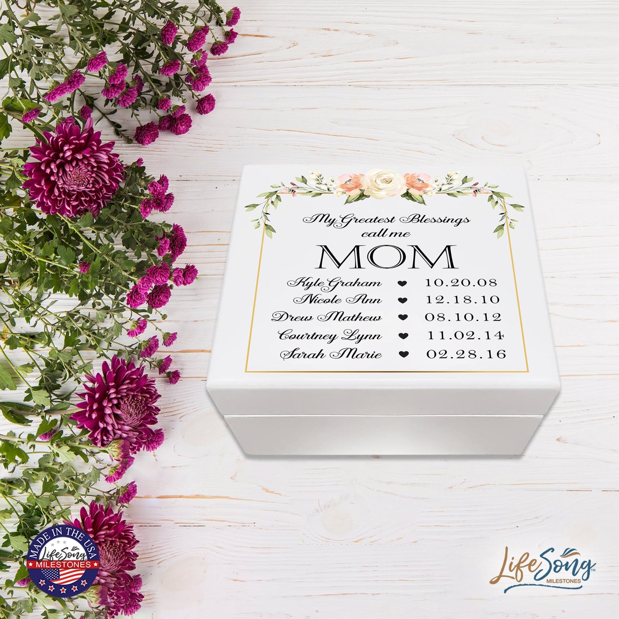 Personalized Memorable Mother’s White Keepsake Box 6x5.5 with inspiring verse - Greatest Blessings - LifeSong Milestones
